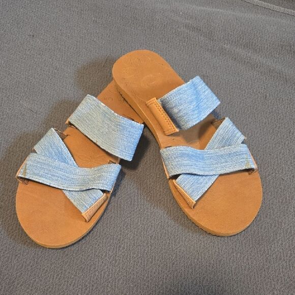 The Academy Brand Blue and Tan Sandals Modern Minimalist Design - Picture 2 of 6